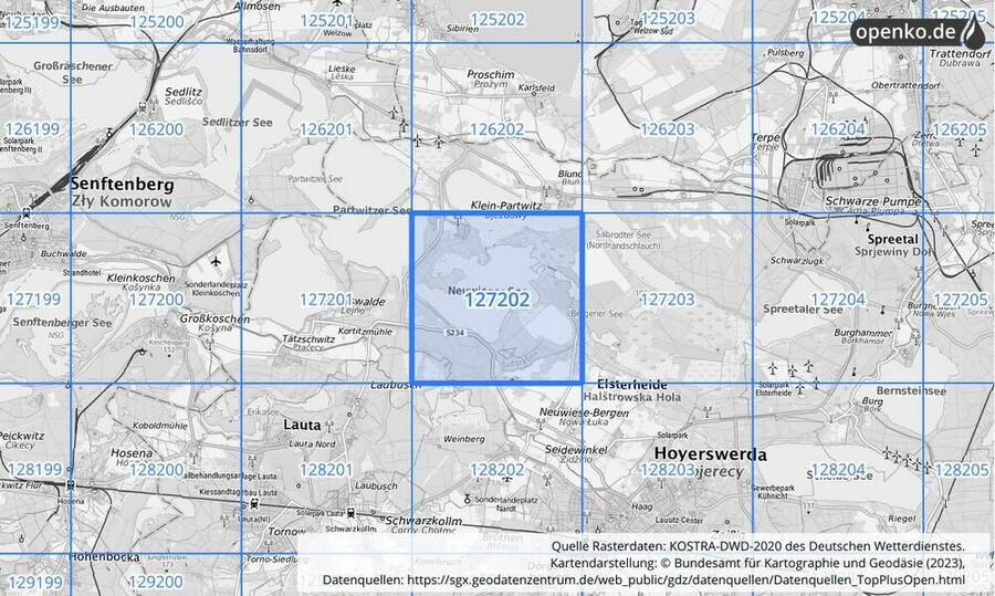 Übersichtskarte des KOSTRA-DWD-2020-Rasterfeldes Nr. 127202