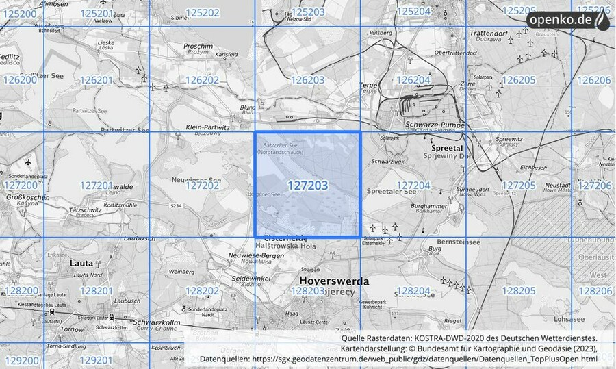 Übersichtskarte des KOSTRA-DWD-2020-Rasterfeldes Nr. 127203