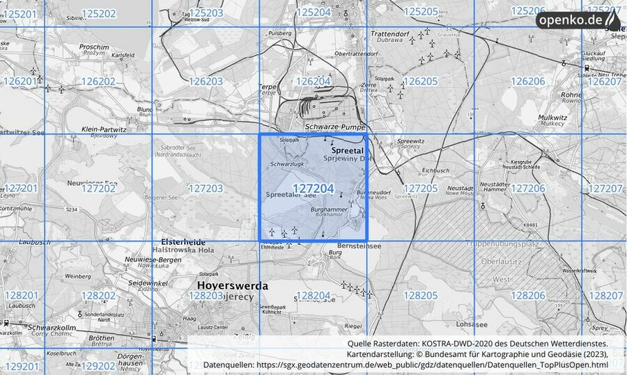 Übersichtskarte des KOSTRA-DWD-2020-Rasterfeldes Nr. 127204