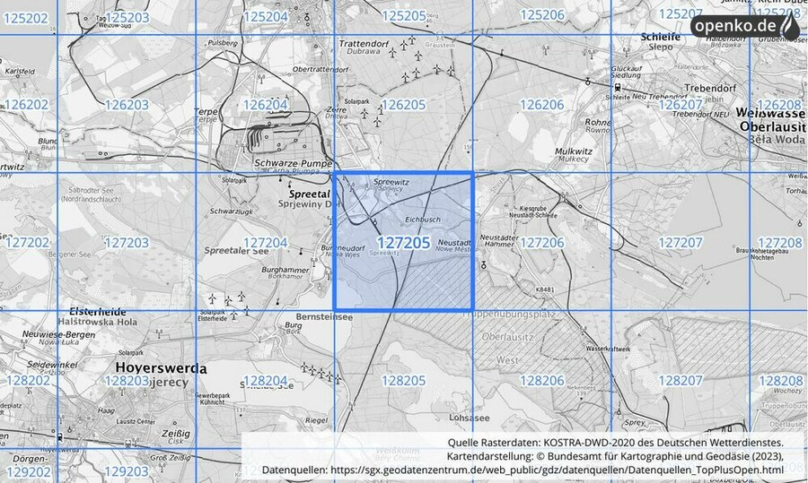 Übersichtskarte des KOSTRA-DWD-2020-Rasterfeldes Nr. 127205