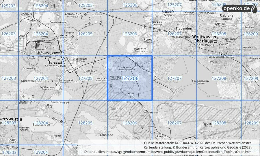 Übersichtskarte des KOSTRA-DWD-2020-Rasterfeldes Nr. 127206