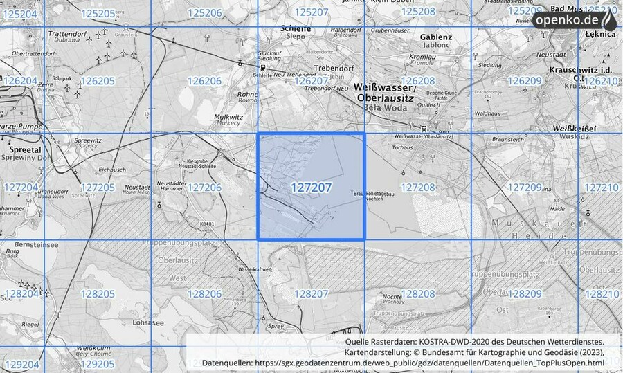 Übersichtskarte des KOSTRA-DWD-2020-Rasterfeldes Nr. 127207