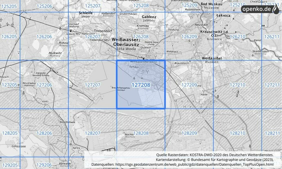 Übersichtskarte des KOSTRA-DWD-2020-Rasterfeldes Nr. 127208