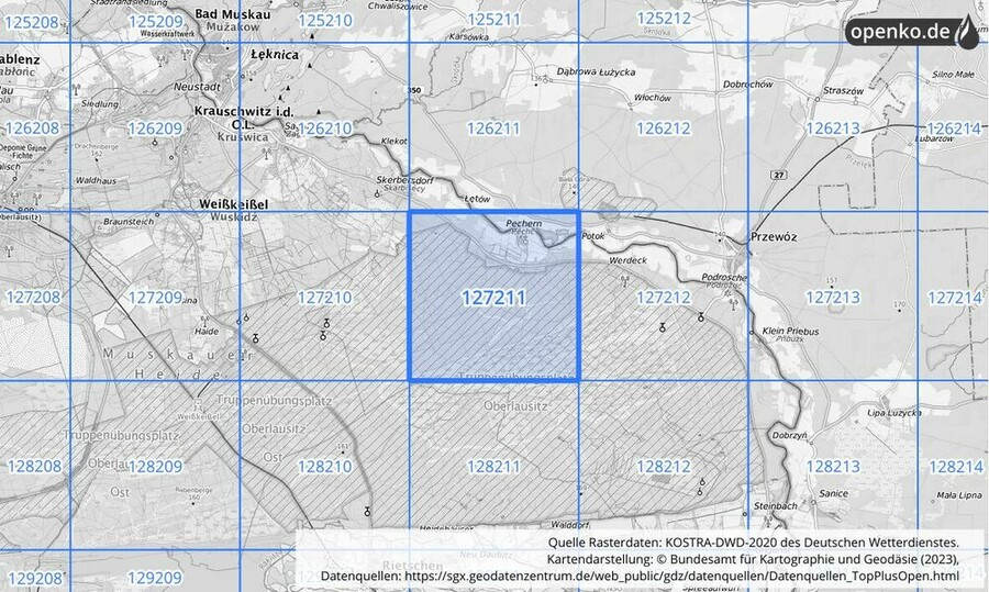 Übersichtskarte des KOSTRA-DWD-2020-Rasterfeldes Nr. 127211