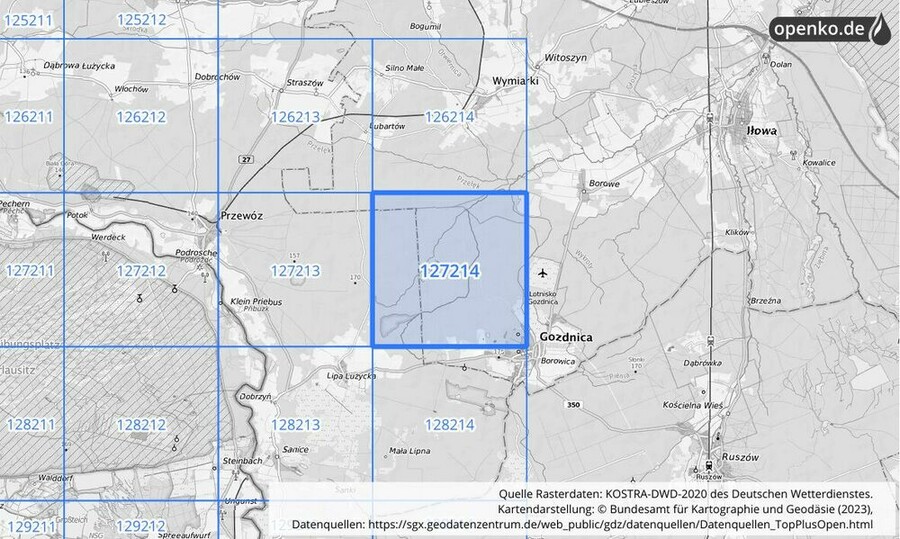 Übersichtskarte des KOSTRA-DWD-2020-Rasterfeldes Nr. 127214