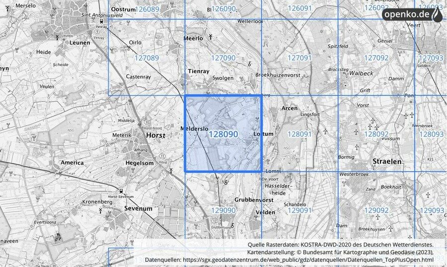 Übersichtskarte des KOSTRA-DWD-2020-Rasterfeldes Nr. 128090