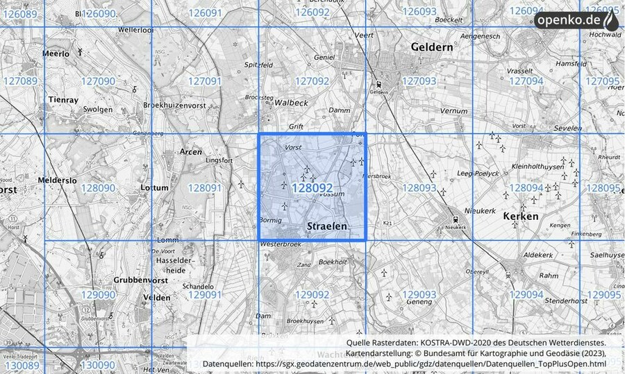 Übersichtskarte des KOSTRA-DWD-2020-Rasterfeldes Nr. 128092