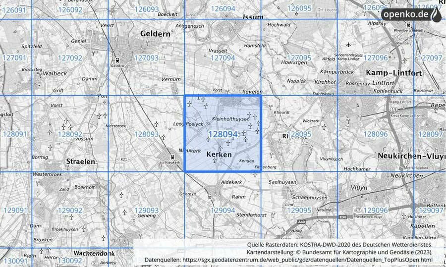 Übersichtskarte des KOSTRA-DWD-2020-Rasterfeldes Nr. 128094