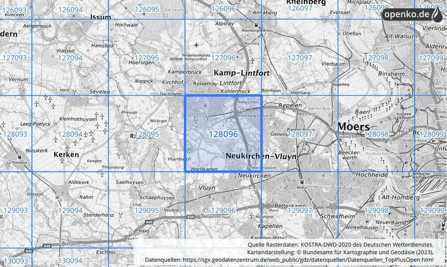 Übersichtskarte des KOSTRA-DWD-2020-Rasterfeldes Nr. 128096