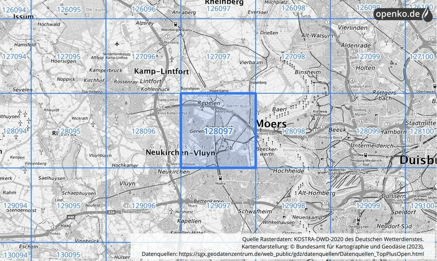 Übersichtskarte des KOSTRA-DWD-2020-Rasterfeldes Nr. 128097