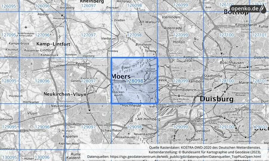 Übersichtskarte des KOSTRA-DWD-2020-Rasterfeldes Nr. 128098