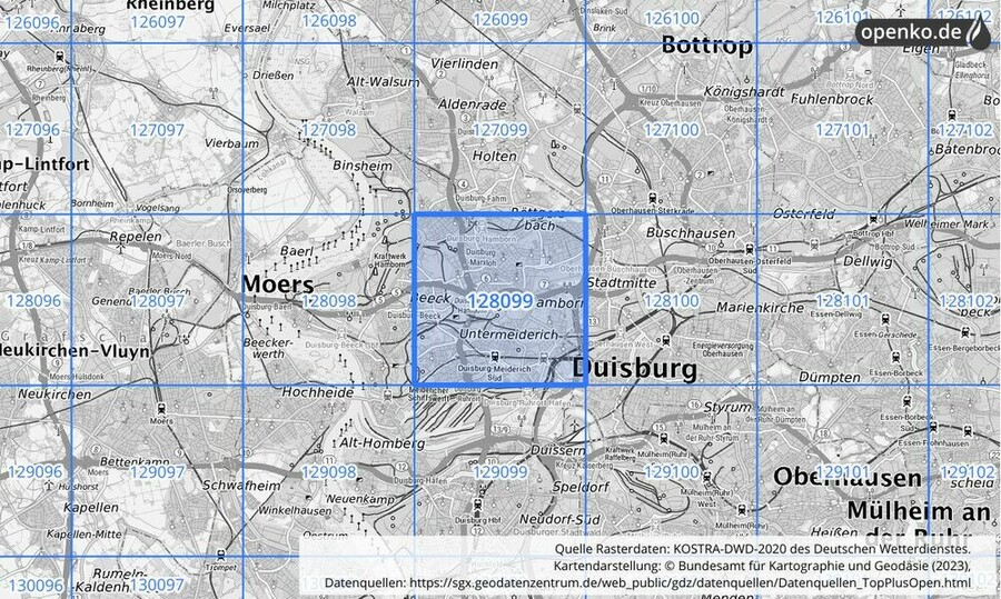 Übersichtskarte des KOSTRA-DWD-2020-Rasterfeldes Nr. 128099