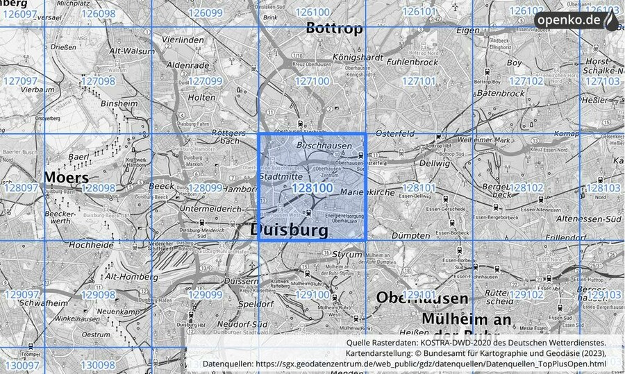 Übersichtskarte des KOSTRA-DWD-2020-Rasterfeldes Nr. 128100