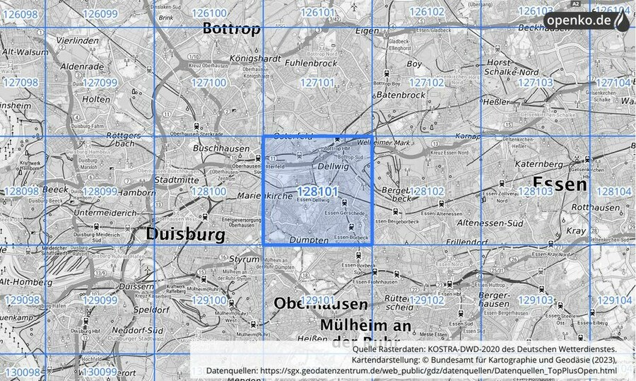 Übersichtskarte des KOSTRA-DWD-2020-Rasterfeldes Nr. 128101