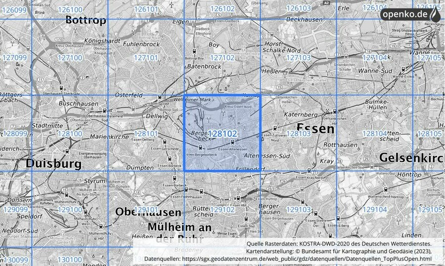 Übersichtskarte des KOSTRA-DWD-2020-Rasterfeldes Nr. 128102