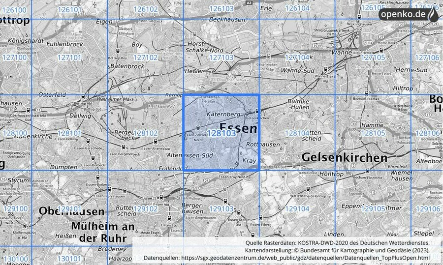 Übersichtskarte des KOSTRA-DWD-2020-Rasterfeldes Nr. 128103