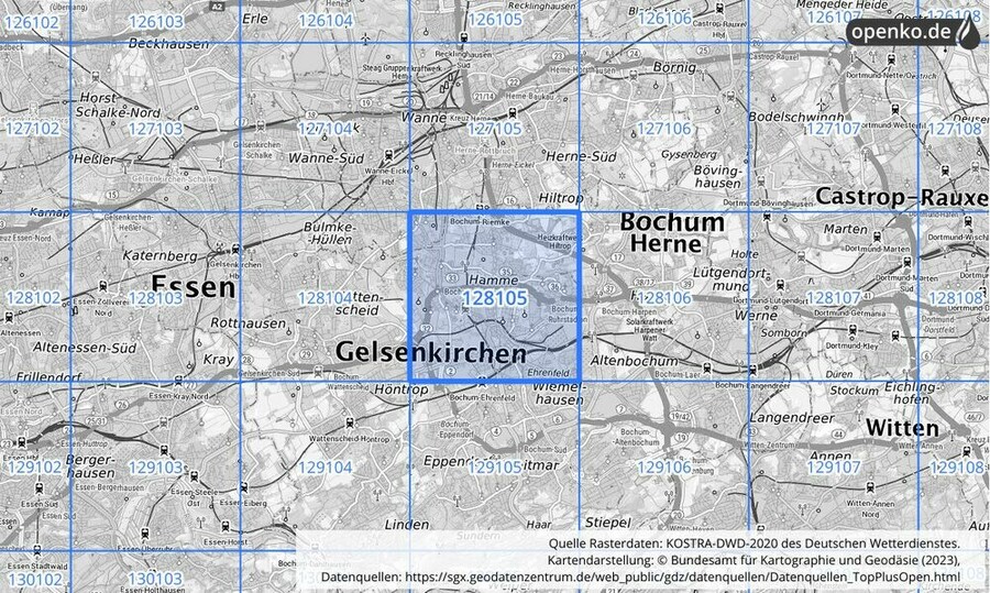 Übersichtskarte des KOSTRA-DWD-2020-Rasterfeldes Nr. 128105