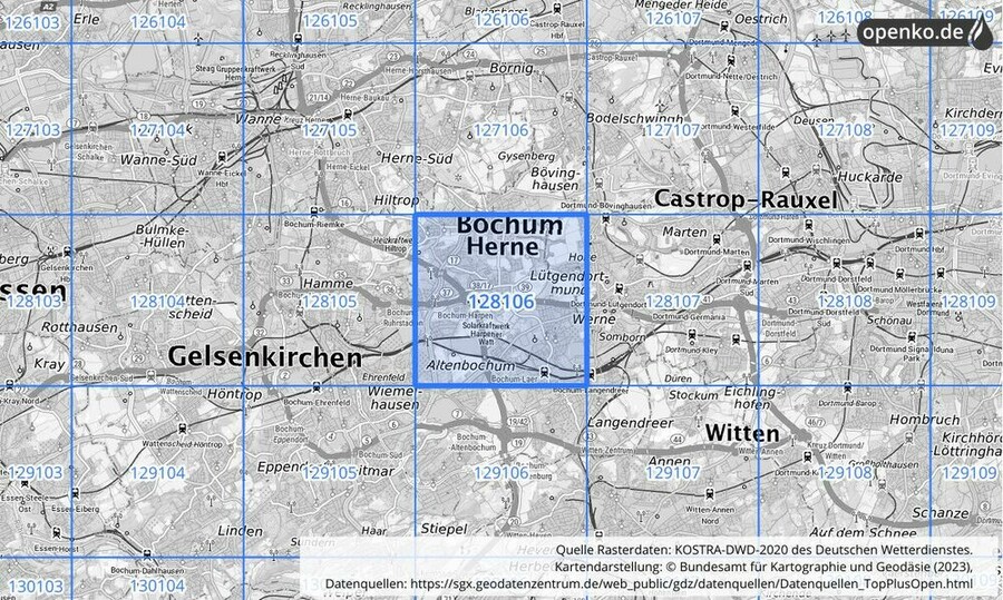 Übersichtskarte des KOSTRA-DWD-2020-Rasterfeldes Nr. 128106