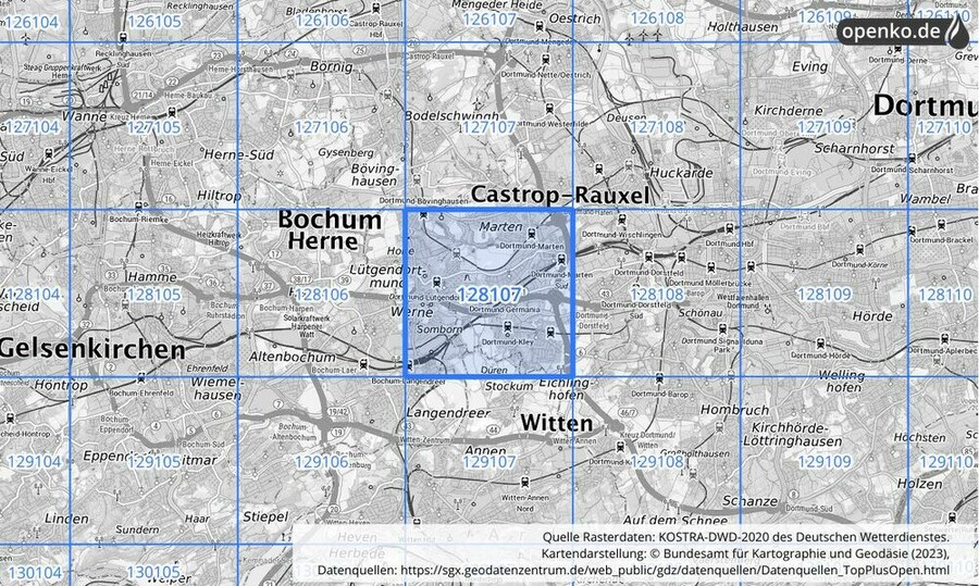 Übersichtskarte des KOSTRA-DWD-2020-Rasterfeldes Nr. 128107