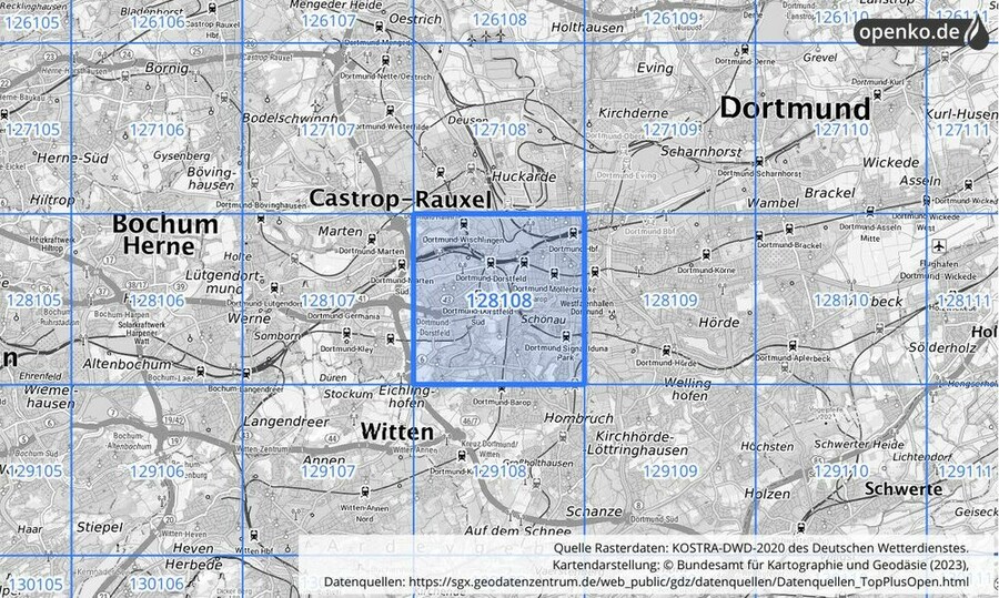 Übersichtskarte des KOSTRA-DWD-2020-Rasterfeldes Nr. 128108