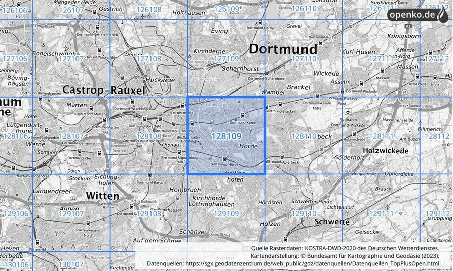 Übersichtskarte des KOSTRA-DWD-2020-Rasterfeldes Nr. 128109