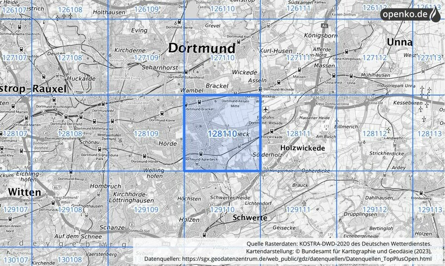 Übersichtskarte des KOSTRA-DWD-2020-Rasterfeldes Nr. 128110