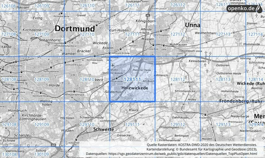 Übersichtskarte des KOSTRA-DWD-2020-Rasterfeldes Nr. 128111