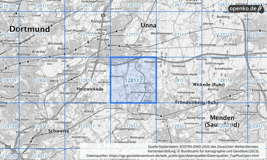 Übersichtskarte des KOSTRA-DWD-2020-Rasterfeldes Nr. 128112