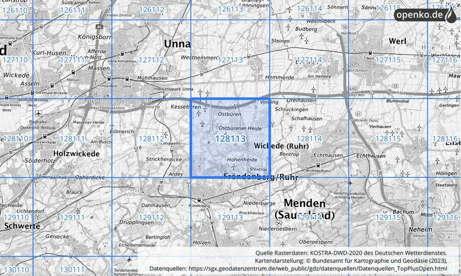 Übersichtskarte des KOSTRA-DWD-2020-Rasterfeldes Nr. 128113
