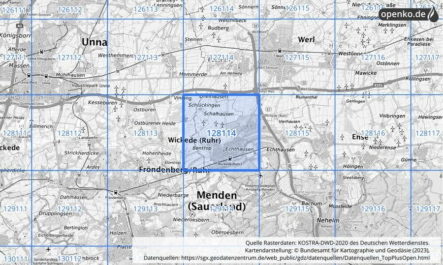 Übersichtskarte des KOSTRA-DWD-2020-Rasterfeldes Nr. 128114