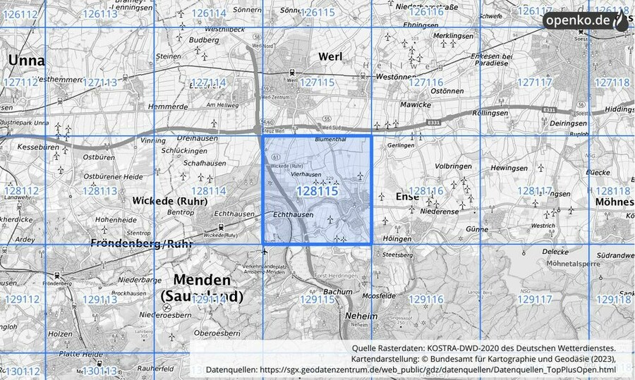 Übersichtskarte des KOSTRA-DWD-2020-Rasterfeldes Nr. 128115
