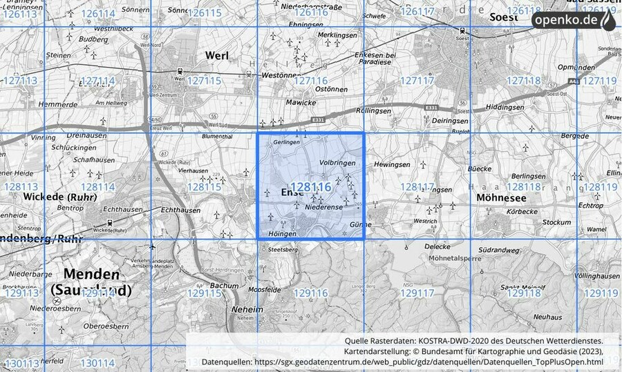 Übersichtskarte des KOSTRA-DWD-2020-Rasterfeldes Nr. 128116