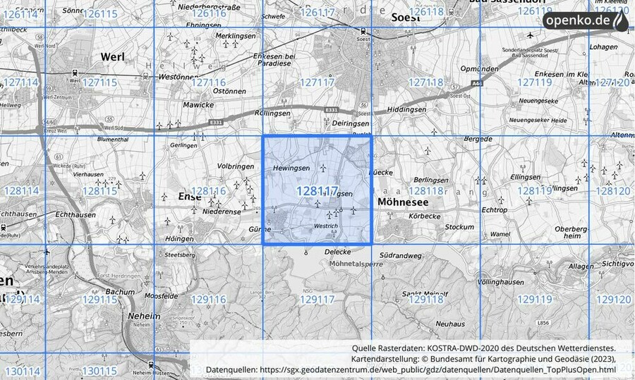 Übersichtskarte des KOSTRA-DWD-2020-Rasterfeldes Nr. 128117