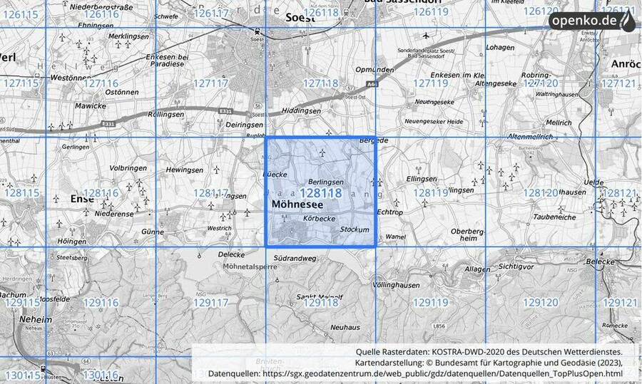 Übersichtskarte des KOSTRA-DWD-2020-Rasterfeldes Nr. 128118