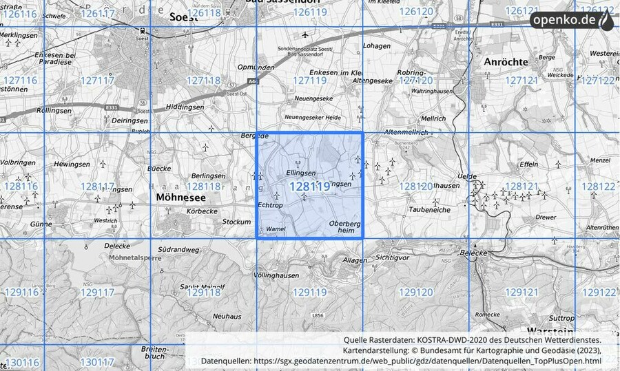 Übersichtskarte des KOSTRA-DWD-2020-Rasterfeldes Nr. 128119