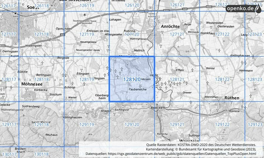 Übersichtskarte des KOSTRA-DWD-2020-Rasterfeldes Nr. 128120