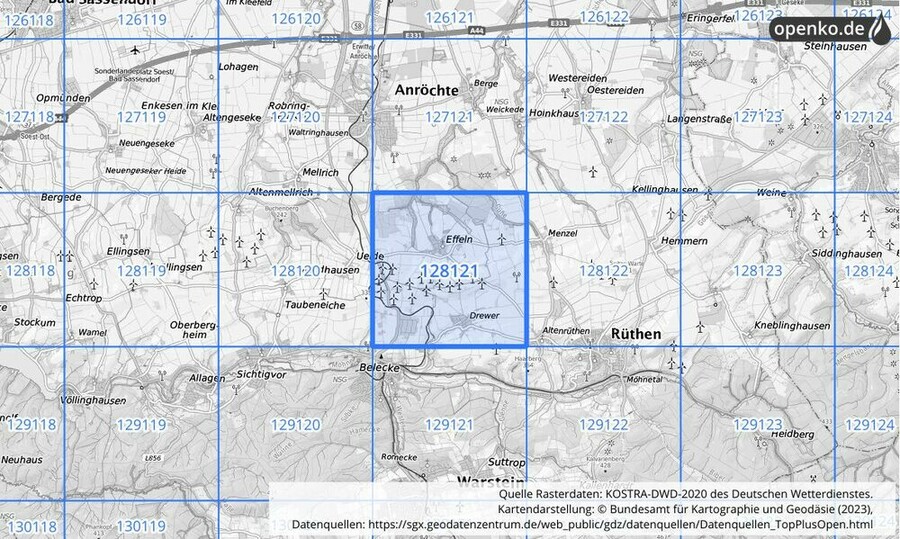 Übersichtskarte des KOSTRA-DWD-2020-Rasterfeldes Nr. 128121