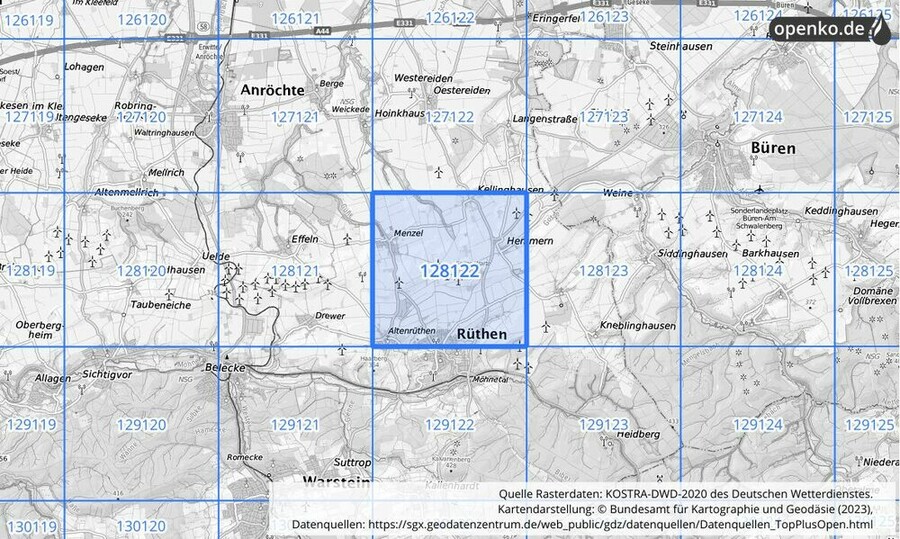 Übersichtskarte des KOSTRA-DWD-2020-Rasterfeldes Nr. 128122