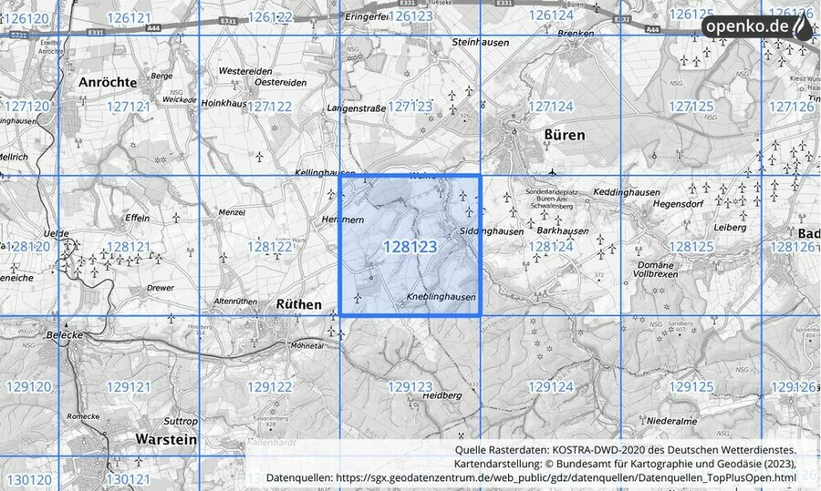 Übersichtskarte des KOSTRA-DWD-2020-Rasterfeldes Nr. 128123