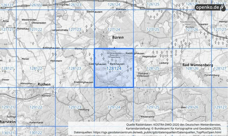 Übersichtskarte des KOSTRA-DWD-2020-Rasterfeldes Nr. 128124