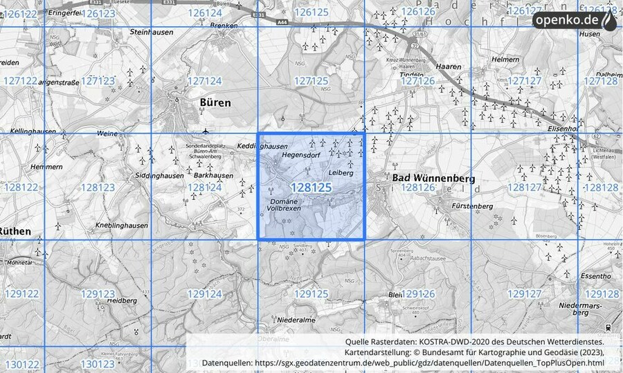 Übersichtskarte des KOSTRA-DWD-2020-Rasterfeldes Nr. 128125