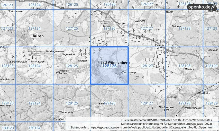 Übersichtskarte des KOSTRA-DWD-2020-Rasterfeldes Nr. 128126