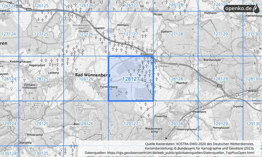 Übersichtskarte des KOSTRA-DWD-2020-Rasterfeldes Nr. 128127