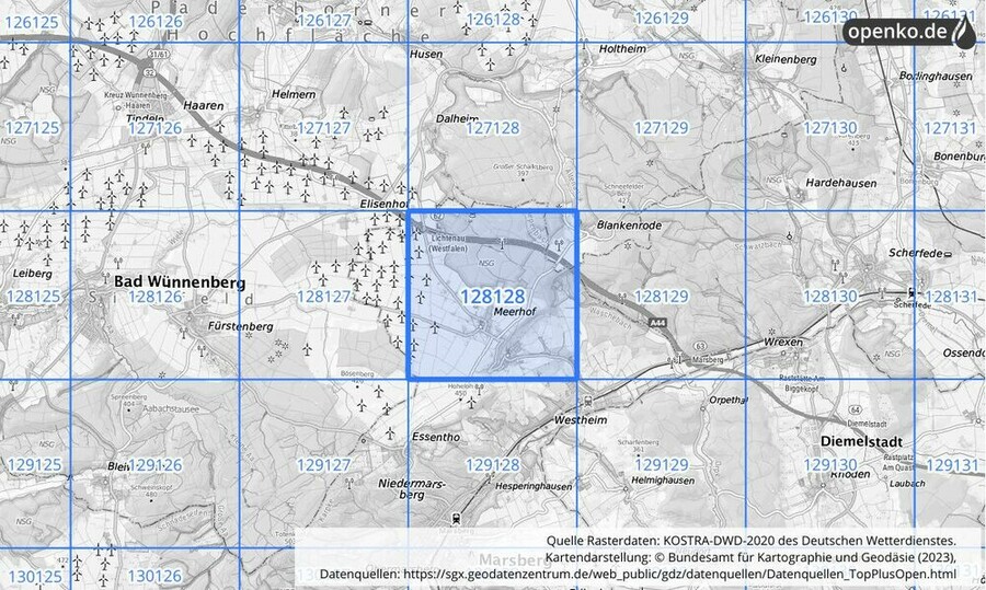 Übersichtskarte des KOSTRA-DWD-2020-Rasterfeldes Nr. 128128