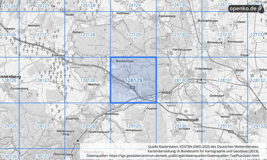 Übersichtskarte des KOSTRA-DWD-2020-Rasterfeldes Nr. 128129