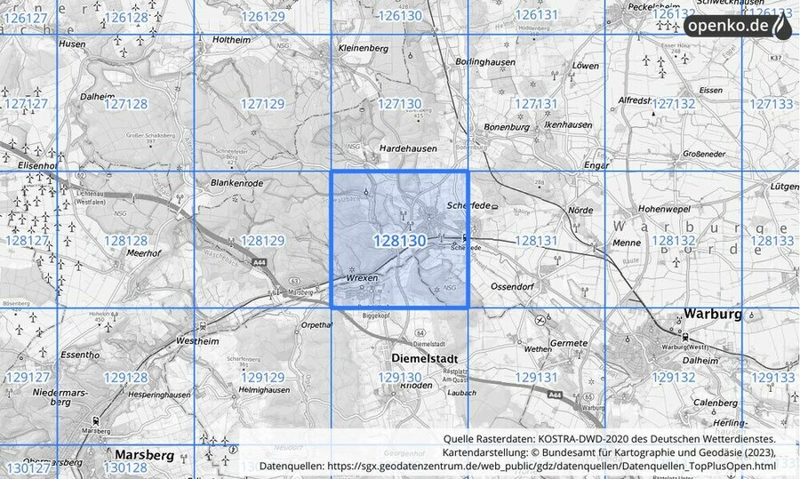 Übersichtskarte des KOSTRA-DWD-2020-Rasterfeldes Nr. 128130