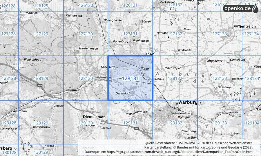 Übersichtskarte des KOSTRA-DWD-2020-Rasterfeldes Nr. 128131