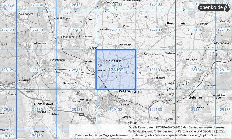 Übersichtskarte des KOSTRA-DWD-2020-Rasterfeldes Nr. 128132