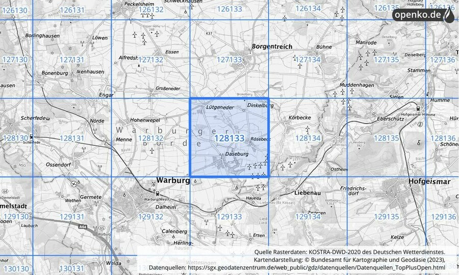 Übersichtskarte des KOSTRA-DWD-2020-Rasterfeldes Nr. 128133
