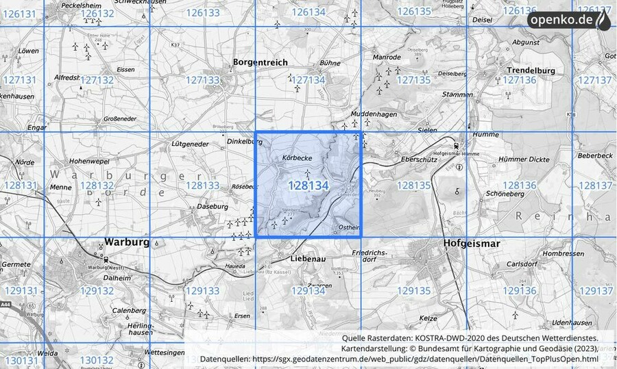 Übersichtskarte des KOSTRA-DWD-2020-Rasterfeldes Nr. 128134